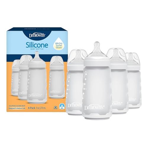 Dr. Brown's Silicone Baby Bottle with Collapsible Insert Designed to Reduce Colic, 9 oz with Wide-Neck Level 2 Medium Flow Nipple, BPA-Free, 3m+, White, 4-Pack