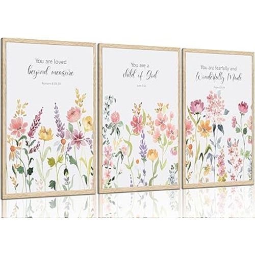 3Pcs Wildflower Nursery Wall Art Decor, Baby Girl Floral Nursery Wall Art, Vintage Boho Christian Flower Paintings Post, Bible Floral Print Artwork for Baby Girl Room Living Room Bedroom 12×16in