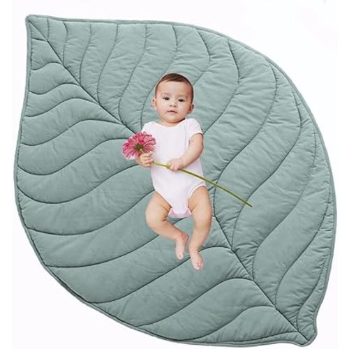 UNIWO Baby Play Mat, 56"X 42"Inch Large & Thick Reversible Folding Floor Cotton Mat, Leaf Shapes Floor Playpen Mat for Girls and Boys, Baby Soft Crawling Playmat. BPA-Free, Non-Toxic.