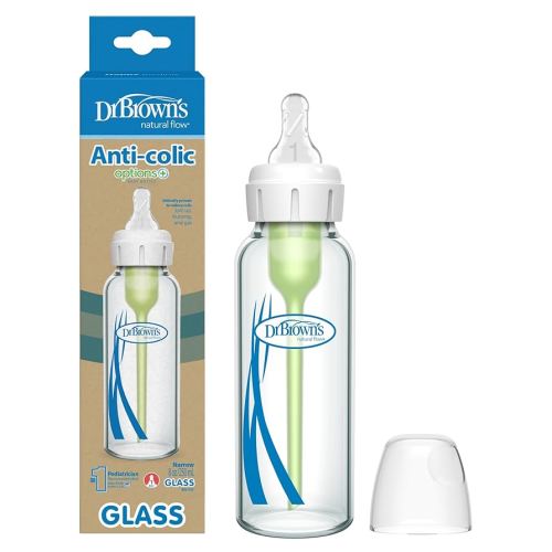 Dr. Brown's Natural Flow Anti-Colic Options+ Narrow Glass Baby Bottle, 8 oz/250 mL, with Level 1 Slow Flow Nipple, 1 Pack, 0m+