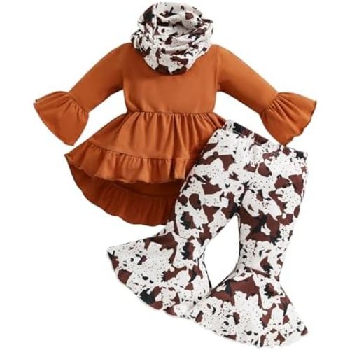 Emmababy Toddler Baby Girl Clothes Long Sleeve Cow Print Outfit T-Shirt + Flare Pants Bell-Bottom Tie Dye Leggings Set 0-4T