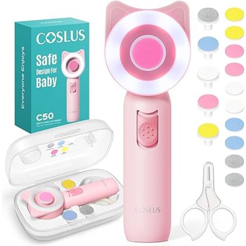 COSLUS C50 Baby Nail File, Baby Nail Trimmer Electric, Baby Nail Clipper - Gentle, Quiet with 360° Light, Safe for Sleep Time Grinding, 16-in-1 Kit for Newborn, Infant & Toddler, Strawberry Pink