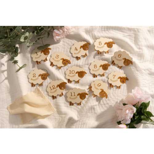 Little Sheep Wooden Baby Monthly Milestone Markers & Discs for Newborn Babies - for Baby's Milestone Moments | Baby Shower Gift