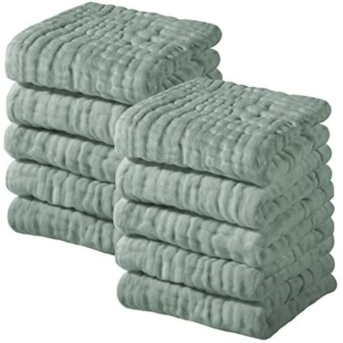 Muslin Baby Washcloths 100% Cotton Face Towels 10 Pack Wash Cloths for Baby 12x12in Soft and Absorbent Baby Wipes by Yoofoss (Dark Green)