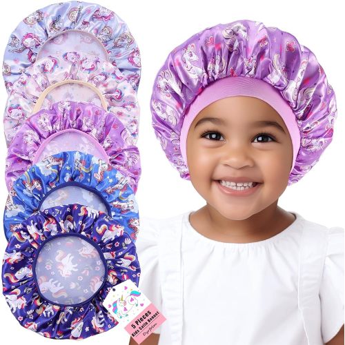 5 PCS Kids Satin Bonnet,Soft Silk Bonnet for Sleeping,Kids Bonnets for Girls,Elastic Wide Band Sleeping Cap,Cute Night Hats for Natural Hair Toddler Teens Child