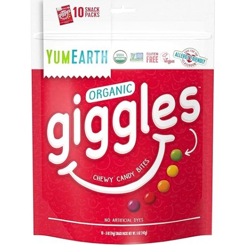 YumEarth Organic Giggles Chewy Candy - Allergy Friendly (Top 9 Free), No Artificial Dyes or Flavors, Non GMO, Gluten Free, Vegan - Individually Wrapped Fruity Snack Packs - 0.5 Ounce (Pack of 10)
