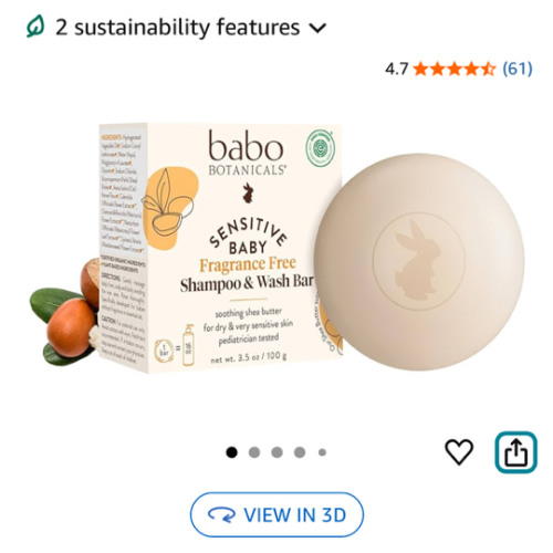 Babo Botanicals Sensitive Baby Fragrance-Free 2-in-1 Shampoo & Wash Bar - Shea Butter, Calendula & Aloe Vera - EWG Verified - Cruelty-Free - Vegan - Pediatrician Tested - For Babies & Kids