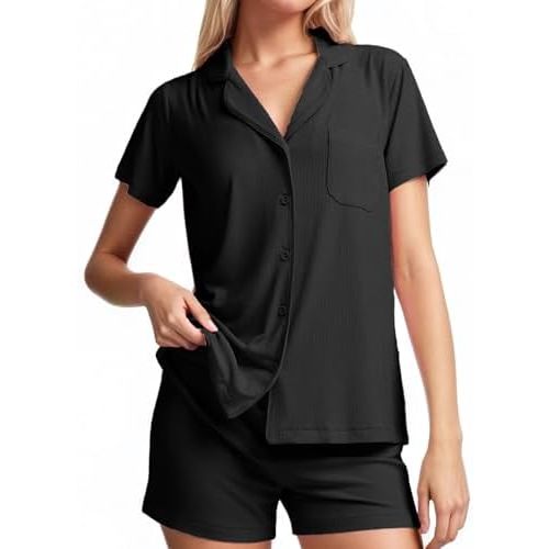 Womens Pajama Set summer matching Short Sleeve Button Down Ribbed Knit 2 Piece Sleep Sets Loungewear Soft Sets