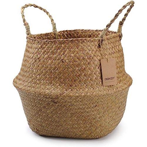 DOKOT Seagrass Plant Basket with Handles, Woven Storage Basket, 7inch Diameter x 8inch Height