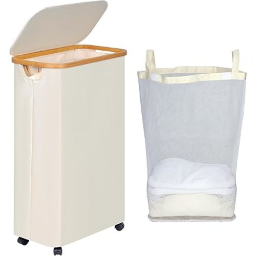 Slim Laundry Basket with Wheels, Narrow Rolling Laundry Hamper with Lid and Removable Bag, Tall Aesthetic Dirty Clothes Hamper on Wheels for Laundry Room, Bedroom, Dorm and Bathroom, 75L Beige