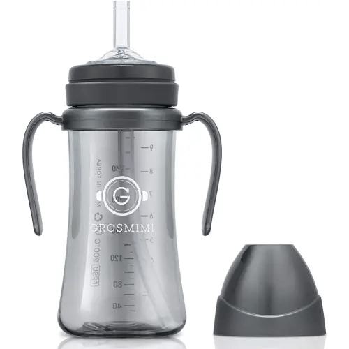 GROSMIMI Spill Proof no Spill Magic Sippy Cup with Straw with Handle for Baby and Toddlers, Customizable, PPSU, BPA Free 10 oz (Charcoal)
