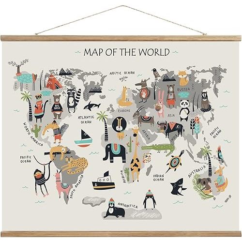 Animal World Map Hanging Canvas Wall Art , World Maps for Kids Wall, Baby Room World Map, Animals of The World Poster for Children Education, 24"x18" Ready to Hang