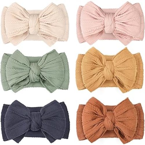 CÉLLOT 2024 Super Stretchy Soft Handmade Headbands with Double Bows Head Wrap Nylon Hair Accessories for Newborn Baby Girls Infant Toddlers Kids,Pack of 6（Spring）