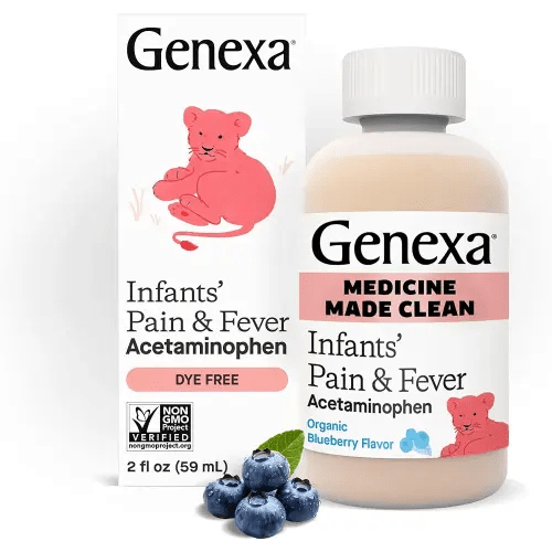 Genexa Infants’ Clean Pain & Fever Acetaminophen, Dye Free, 0% Artificial Additives, Delicious Organic Blueberry Flavor, Liquid Oral Suspension Medicine for Baby, 160 mg per 5mL, 2 fl oz