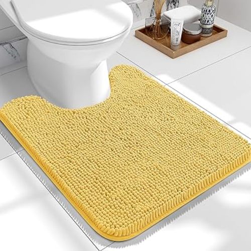 OLANLY Toilet Rugs U-Shaped 24x20, Extra Soft Absorbent Chenille Contour Bathroom Rugs for Toilet, Dry Quickly, Machine Washable, Non-Slip Bath Mat, Yellow