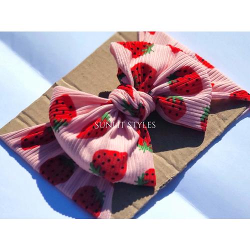 Berry Sweet: Headwrap Bow | Baby Headband | Pink Strawberry Knit | Slip-on Style | Baby & Toddler Bow | Hand-tied Bow
