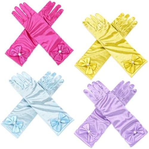 AUHOKY 4 Pairs Little Girls Long Princess Costume Formal Bows Glove, Age 3-8