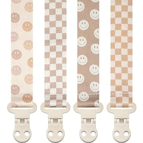 Baby Pacifier Clip Holder - Girl or Boy Unisex 4 Pack Gift Set - Retro Checker and Smiley Faces Design