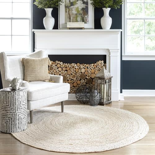 nuLOOM 3 Round Rigo Jute Hand Woven Area Rug, Off White, Solid Farmhouse Design, Natural Fiber, For Bedroom, Living Room, Dining Room, Hallway, Office, Kitchen, Entryway