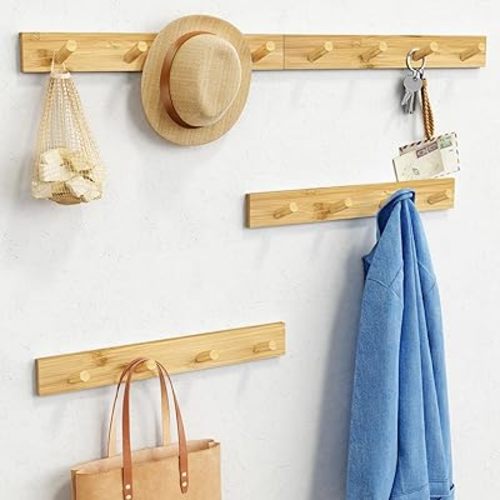 Forbena Natural Wood Coat Rack Wall Mount Set of 4, Wooden Wall Hooks for Bathroom Towels, Vertical Coat Hanger for Kids Room, Boys Girls Bedroom, Office, Entryway Keys Hats and Shoes -16 Hooks
