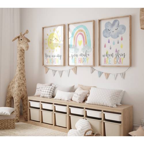 Rainbow Sun Cloud Nursery Wall Art: Sunshine Quote Set of 3 - Framed, Canvas, or Art Prints