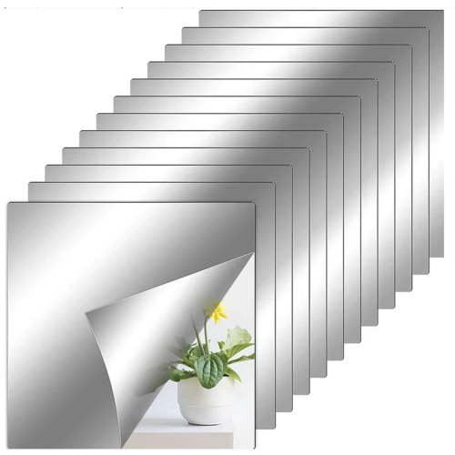 12 Pieces Flexible Mirror Sheets, Self Adhesive Decorative Plastic Mirror Tiles Non-Glass Mirror Stickers For School Educational And Home Wall Decor Silver