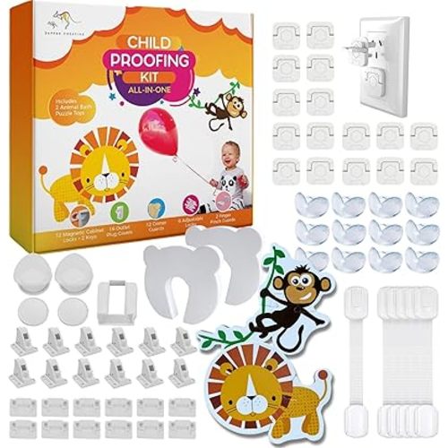 Baby Proofing Kit 67pcs All in One Includes Magnetic Cabinet Locks for Baby Proofing, Corner Bumper Protectors, Child Safety Strap Locks, Power Point Outlet Covers, Finger Pinch Guards & Bath Toys