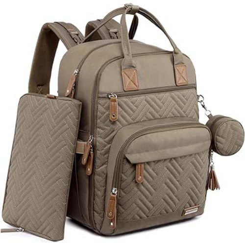 iniuniu Diaper Bag Backpack, Large Unisex Baby Bags for Boys Girls, Waterproof Travel Back Pack with Diaper Pouch, Washable Changing Pad, Pacifier Case and Stroller Straps, Khaki