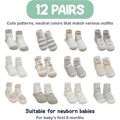 Mother's Choice Organic Cotton Baby Socks 0-6 Months, 12 Pairs Unisex - Soft & Hypoallergenic Baby Girl & Boys Socks (US, Age, 0 Months, 6 Months, Brown,Gray,White)