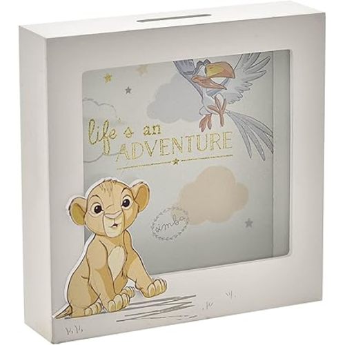 Happy Homewares Magical Beginnings Lifes an Adventure The Lion King Simba and Zazu Keepsake Wooden Money Box - A Perfect First Moneybox Gift for A Baby or Child - Officially Licensed