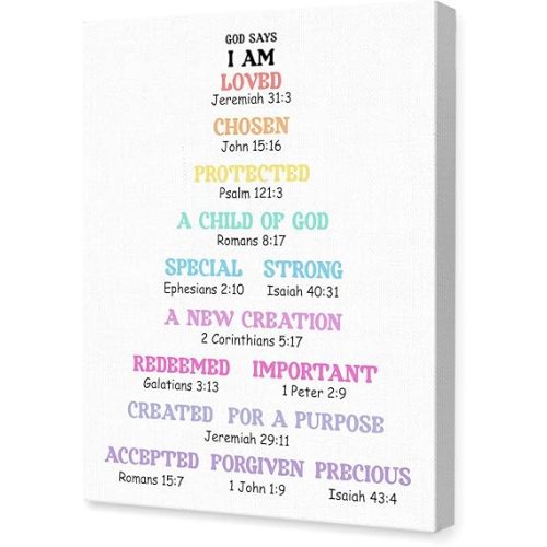 Biblical Affirmations for Kids Canvas Wall Art,Who God Says I Am Motivational Quote Artwork Painting Prints Poster Ready to Hang for Kids Teens Classroom Nursery Read Room Wall Decor,12x15 Inch Y450