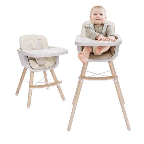 3-in-1 Convertible Wooden High Chair, High Chairs for Babies and Toddlers, Baby High Chair with Adjustable Legs & Dishwasher Safe Tray, Made of Sleek Hardwood & Premium Leatherette, Beige Color