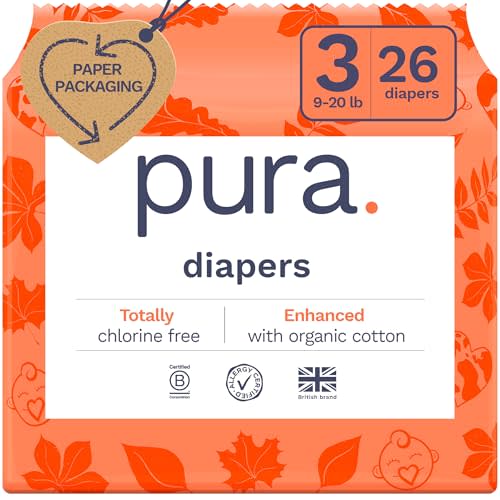 Pura Size 3 Eco-Friendly Diapers (9-20 lbs) Totally Chlorine Free (TCF) Hypoallergenic, Soft Organic Cotton, Sustainable, up to 12 Hours Leak Protection, Allergy UK, 1 Pack of 26 Diapers