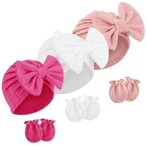 Newborn Baby Hats and Mittens Set Infant Bow Beanie Cap Toddler Gloves Newborn Hospital Hats for Baby Boy Girl 0-12 Months