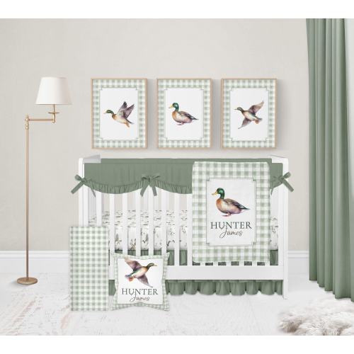 Mallard Duck Crib Bedding Set Boy, Baby Boy Crib Bedding, Duck Hunting Nursery Bedding, Green Gingham Nursery Decor, Green Crib Bedding Set