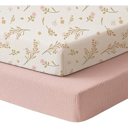 Konssy Muslin Mini Crib Sheets, 100% Soft Cotton Pack and Play Sheets for Pack N Play Mattress, Playard Baby Crib Sheets for Baby Girls (Floral, Pink)