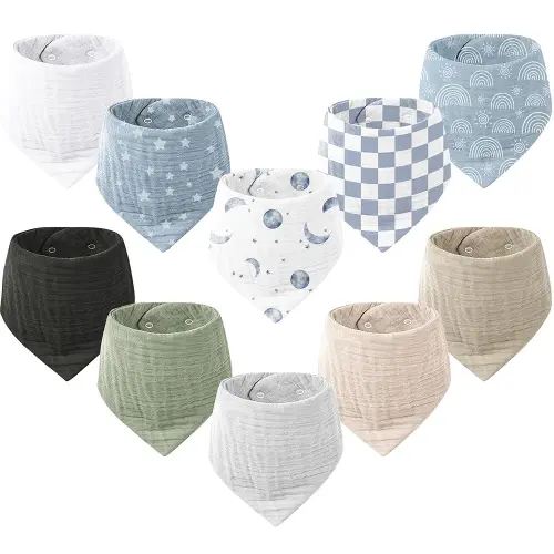 Konssy Muslin Baby Bibs 10 Pack Baby Bandana Drool Bibs 100% Cotton for Unisex Boys and Girls, Soft Absorbent Set for Teething and Drooling