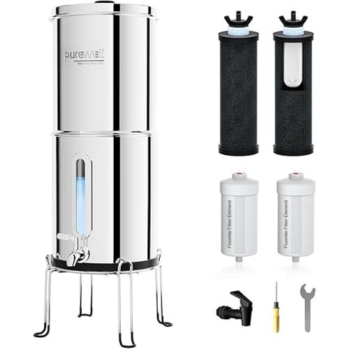 Purewell 2.25G Gravity Water Filter System with Water Level Window, 8-Stage 0.01μm Ultra-Filtration Stainless Steel Countertop System with 4 Filters and Stand, Reduce Fluoride and Chlorine, PW-KS-CF
