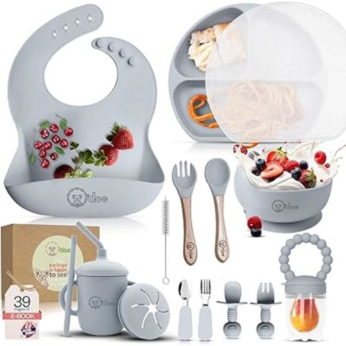 O'doe 17-Piece Baby Led Weaning Feeding Supplies for Toddlers, Baby Feeding Set | Suction Silicone Baby Bowl Self Eating with Fruit Feeder, Cup, Bibs, Food Plate Kit with Lid 6+ Months | Grey V2