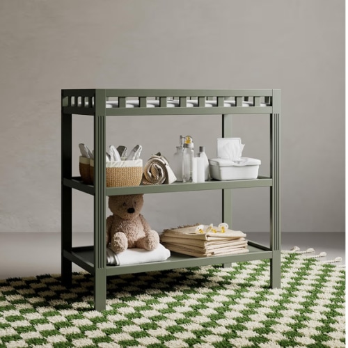 Storkcraft Morningside Changing Table (Olive) – GREENGUARD Gold Certified Baby Changing Table, Includes Waterproof Diaper Changing Pad, Easy 30-Minute Assembly, 2 Open Shelves for Storage