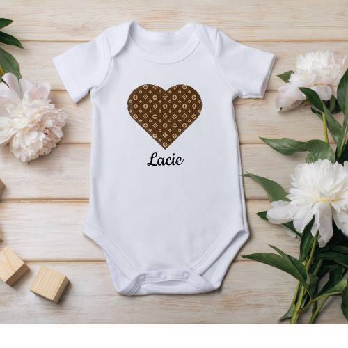 Personalizable Chic Patterned Heart Graphic Baby Fine Jersey Bodysuit, Short Sleeved Customized Baby Shower Gift, Personalizable Gift