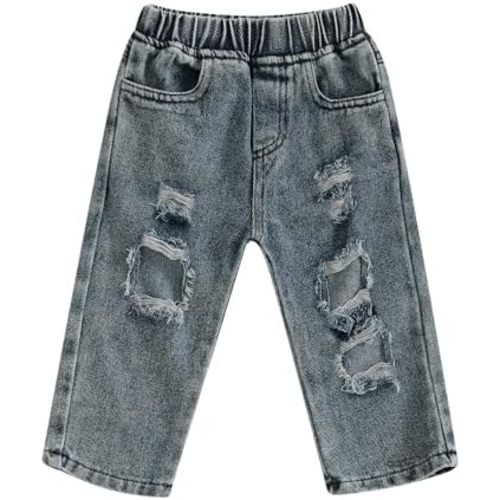 Unisex Baby Denim Pants Elastic High Waist Ripped Jeans Broken Hole Trousers Leggings Outfit