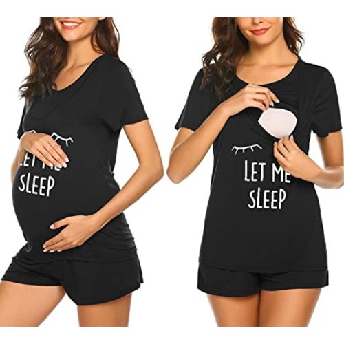 Ekouaer Maternity Nursing Pajamas Set Short Sleeve Breastfeeding Sleepwear Double Layer Postpartum Top and Shorts Set
