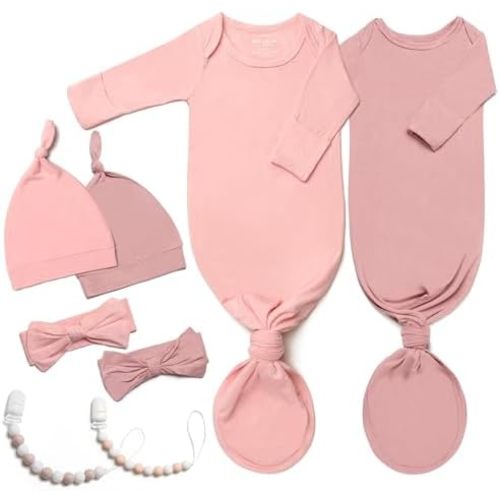 2-Pack Luxurious Newborn Knotted Gown Set - Ultra-Soft Long Sleeve Gown for Baby with Hat, Headband & Pacifier Clip