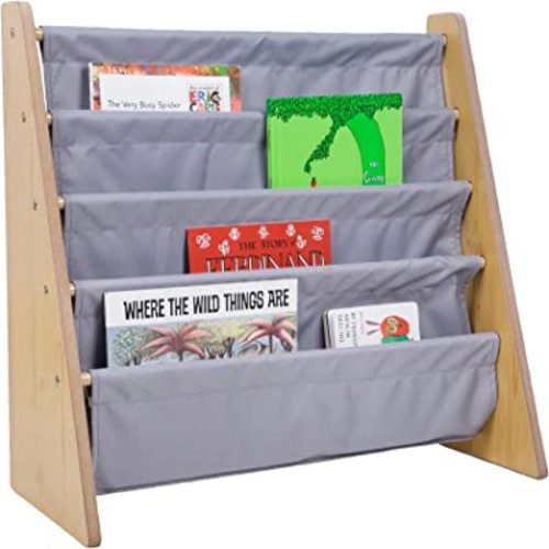 Wildkin Kids Premium Canvas Sling Bookshelf for Boys & Girls, Wooden Design Features Four Fabric Shelves, Keep Bedrooms, Playrooms, & Classrooms Organized, Measures 25 x 24 x 11 Inches-Natural w/Gray