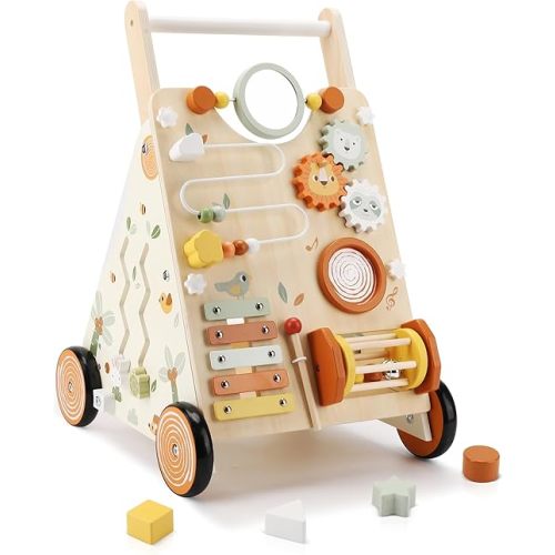 Pithfor Wooden Baby Walker, Baby Push Walker with Activity Center for Girls Boys, Montessori Push Walker Toys for Babies Learning to Walk, Sit-to-Stand, for 10-12 Months 1 2 3 Years Old