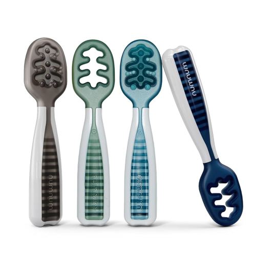 NumNum Baby Spoons Set, Baby Essentials Pre-Spoon GOOtensils for 6+ Months, First Stage Self-Feeding Spoons for Baby Led Weaning (BLW), Silicone Toddler Utensils, BPA-Free, 4 Pack Beach Picnic