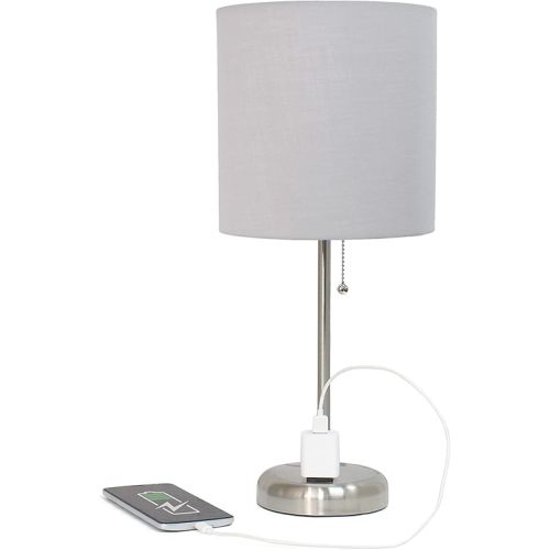 Simple Designs LT1144-GRY Sleek and Slender Brushed Steel Table Lamp with Charging Outlet, for Bedroom, Living Room, Entryway, Office, Dining Room, Study, Gray Shade
