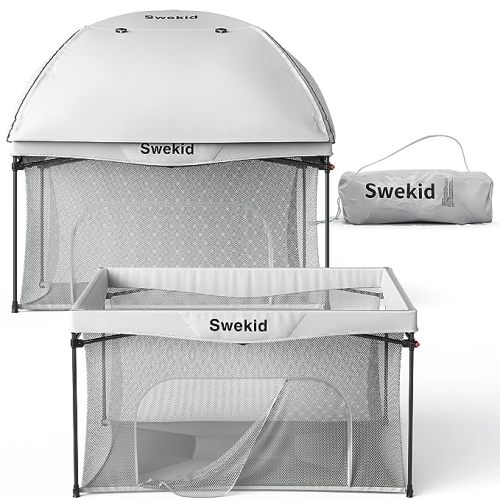 Swekid Portable Indoor & Outdoor Baby Playpen - Lightweight, Pop up Pack and Play Toddler Play Yard w/UV Protective Canopy, Comfy Padded Floor and Travel Bag - Grey - 44 X 44 Inch