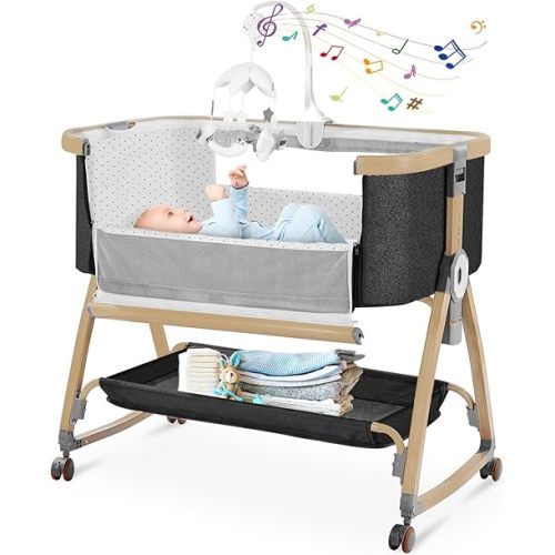 Bedside Bassinet,Bassinet Bedside Sleeper,Bedside Bassinet for Baby,3 in 1 Rocking Bassinet with Mattress,Mobile,Mosquito Net,Storage Basket,6-Height Adjustable Bassinet with Wheels for Newborn
